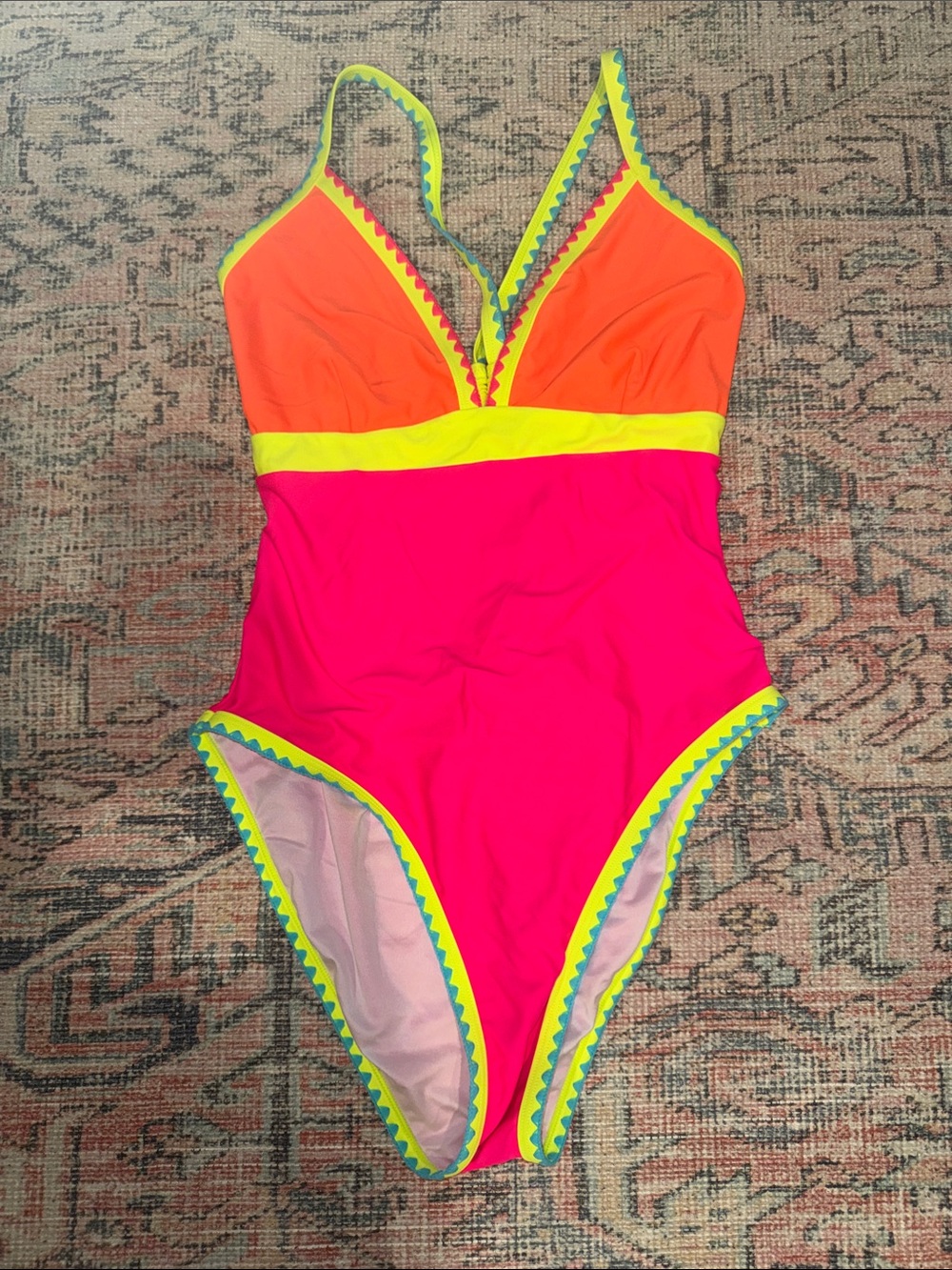 Neon Colorblock V-Neck One-Piece Swimsuit in Hot Pink, Orange & Yellow
